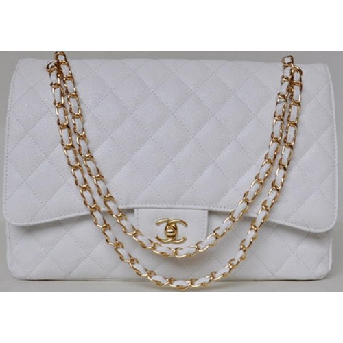 Geantă Chanel Maxi Quilted Classic Flap, albă, modele Cannage A58601, aurie