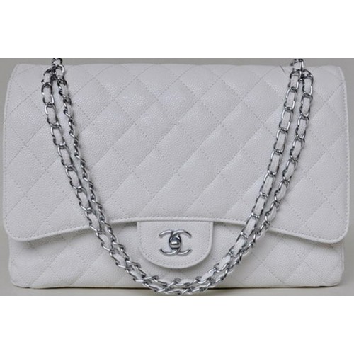 Geantă Chanel Maxi Quilted Classic Flap, albă, modele Cannage A58601 argintie