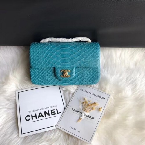 Geantă Chanel Mini Flap Python din metal auriu A69900 albastru