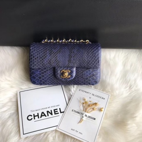 Geantă Chanel Mini Flap Python din metal auriu A69900 albastru închis