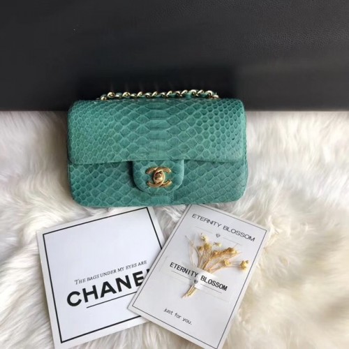 Geantă Chanel Mini Flap Python din metal auriu A69900 verde