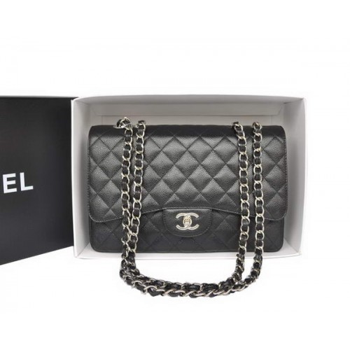 Geantă Chanel Original Caviar din piele clasică cu clapă A28600 negru argintiu