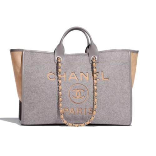 Geantă de cumpărături Chanel Original Tote din piele de vițel din lână, metal argintiu A93786 gri și bej