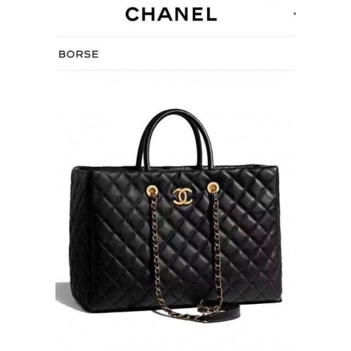 Geantă mare de cumpărături Chanel Original, piele de vițel granulată A93525 neagră