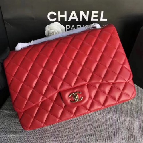 Geantă Chanel Maxi Quilted Classic Flap, piele roșie de oaie A58601 aurie