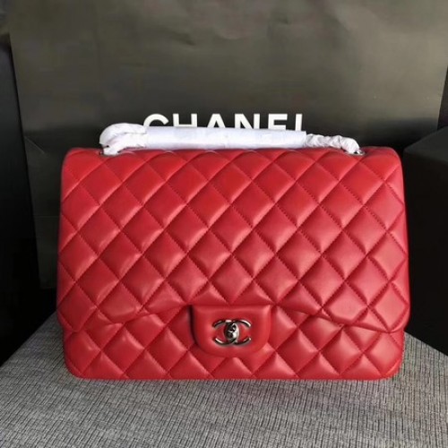 Geantă Chanel Maxi Quilted Classic Flap, piele roșie de oaie A58601 argintie