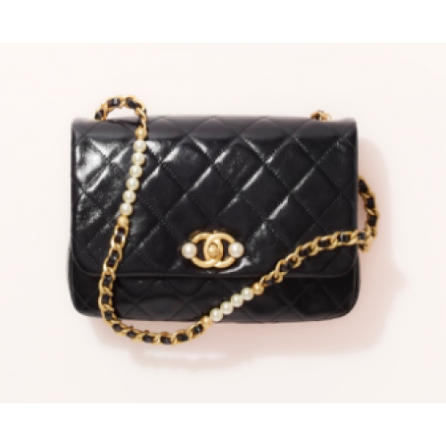 Chanel PUNGĂ MICĂ CU CLAPETĂ din piele de vițel cu perle artificiale, metal auriu AS3001 negru