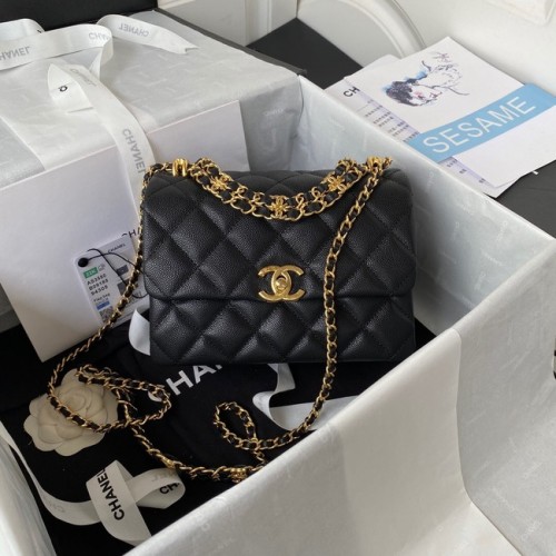 Chanel PUNGĂ MICĂ FLAP Piele de vițel granulată Metal auriu AS3580 negru