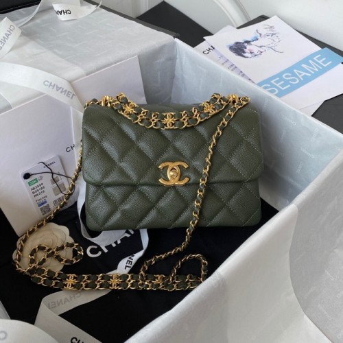 Chanel PUNGĂ MICĂ FLAP Piele de vițel granulată Metal auriu AS3580 verde negricios