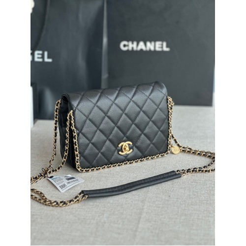 Geantă Chanel SMALL Flap din piele de vițel granulată, metal auriu AS3467 neagră