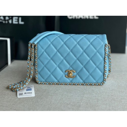 Geantă Chanel SMALL Flap din piele de vițel granulată, metal auriu AS3467 albastru deschis