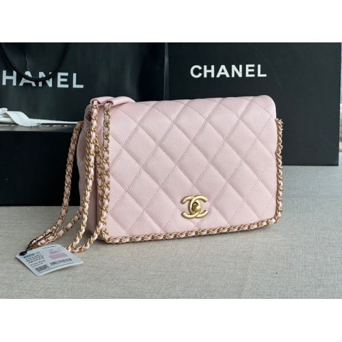 Geantă Chanel SMALL Flap din piele de vițel granulată, metal auriu AS3467 roz