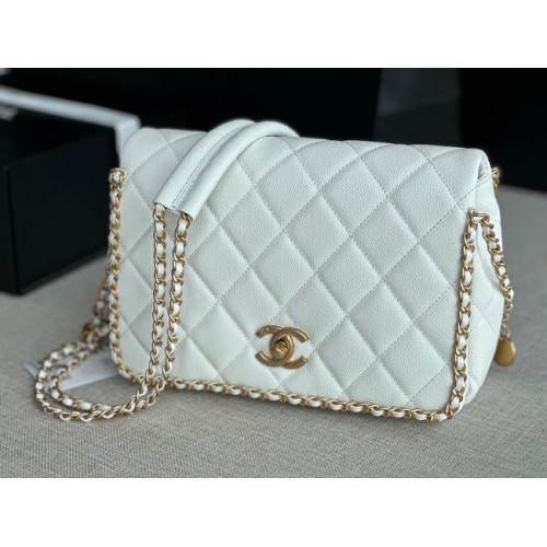 Geantă Chanel SMALL Flap din piele de vițel granulată, metal auriu AS3467 alb