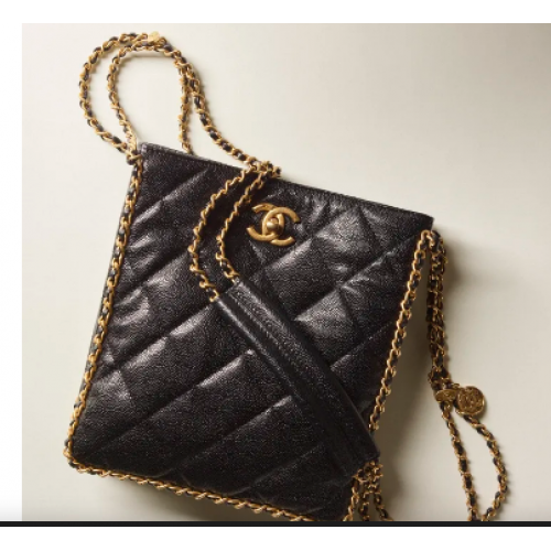 Chanel PUNGĂ MICĂ DE CUMPĂRĂTURI Piele de vițel granulată Metal auriu AS3470 negru