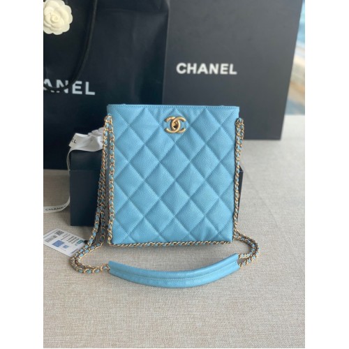 Chanel PUNGĂ MICĂ DE CUMPĂRĂTURI Piele de vițel granulată Metal auriu AS3470 albastru deschis