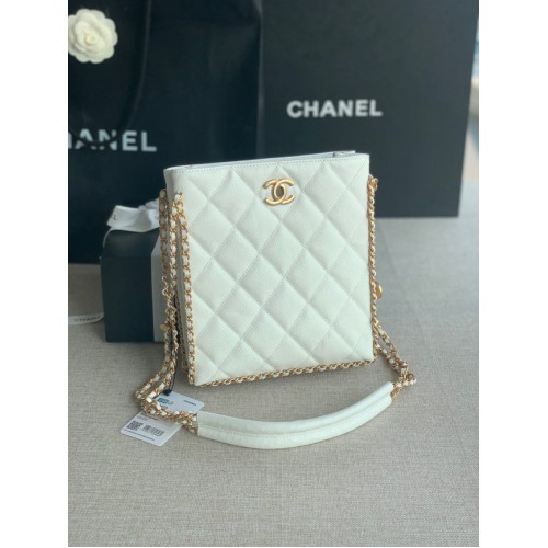 Chanel PUNGĂ MICĂ DE CUMPĂRĂTURI Piele de vițel granulată Metal auriu AS3470 alb