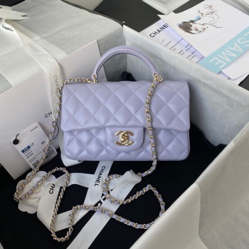 Geantă mini Chanel din piele de oaie cu clapă și mâner superior AS2431 violet deschis