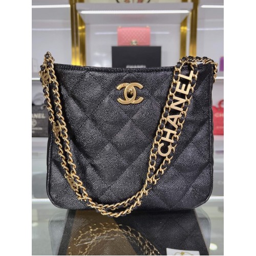 Geantă de umăr Chanel din piele de vițel granulată și metal auriu AS3223 neagră