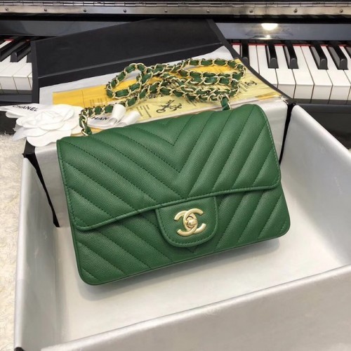 Geantă Chanel Classic mică din piele de vițel granulată, metal auriu A69900 verde