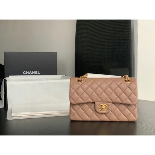 Geantă Chanel Classic mică, piele de oaie, metal auriu, A01113, taupe