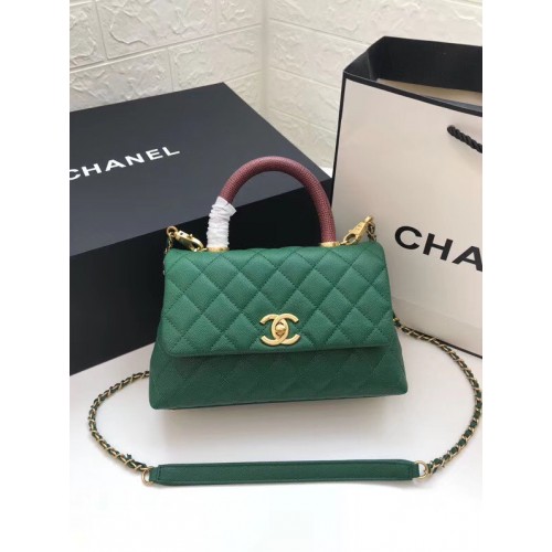 Geantă Chanel mică cu clapă și mâner superior A92990 verde