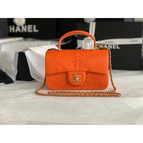 Geantă Chanel mini cu clapă din piele de șarpe și mâner superior AS2431 portocalie