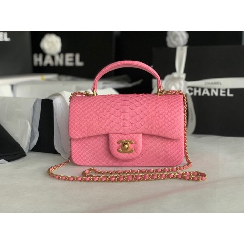 Geantă Chanel mini cu clapă din piele de șarpe și mâner superior AS2431 roz