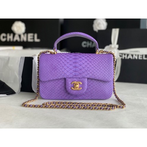 Geantă Chanel mini cu clapă din piele de șarpe și mâner superior AS2431 violet