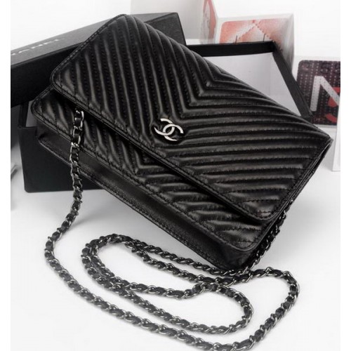 Geantă Chanel V mini cu clapă, piele Chevron A33814V neagră