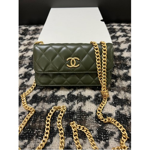Portofel Chanel cu lanț din piele de miel, metal auriu 68107 verde