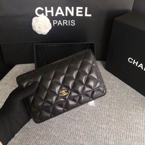 Geantă Chanel WOC Flap din piele neagră originală din piele de oaie 33814 Glow