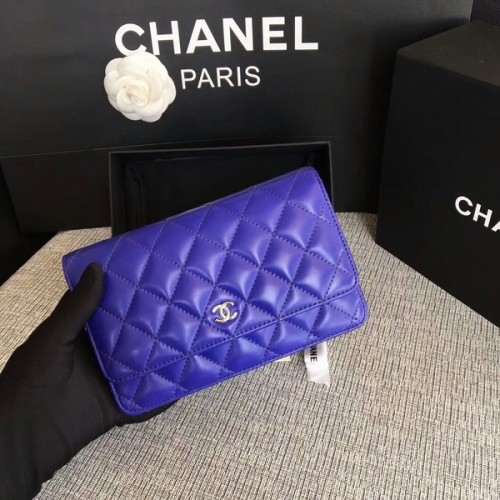 Geantă Chanel WOC Flap din piele de oaie albastră originală 33814 argintie