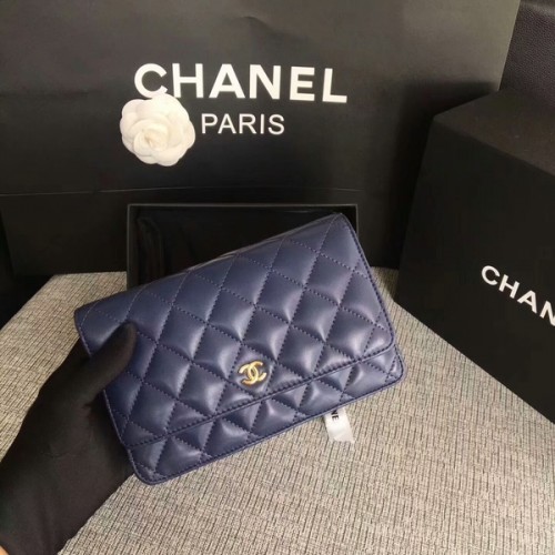 Geantă Chanel WOC Flap din piele de oaie originală albastru închis 33814 Glow