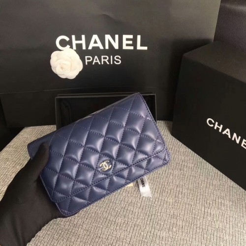 Geantă Chanel WOC Flap, albastru închis, piele de oaie originală, 33814, argintiu