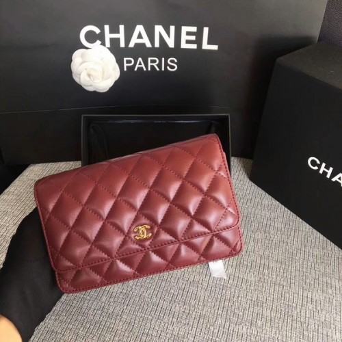 Geantă Chanel WOC Flap din piele de oaie originală roșu închis 33814 Glow