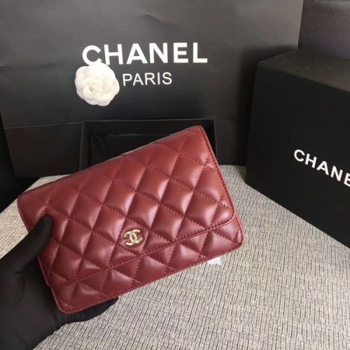 Geantă Chanel WOC Flap, piele de oaie originală, roșu închis, 33814, argintiu