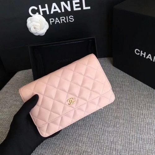 Geantă Chanel WOC Flap din piele de oaie roz deschis 33814 Glow