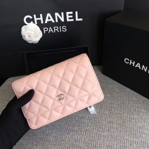Geantă Chanel WOC Flap, roz deschis, piele de oaie originală, 33814, argintiu