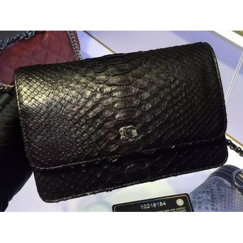 Geantă Chanel WOC cu clapă, piele originală de șarpe A33814 neagră