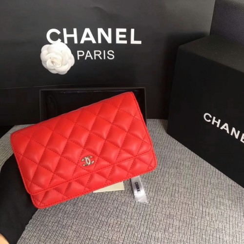 Geantă Chanel WOC Flap, piele de oaie originală, roșie, 33814, argintie