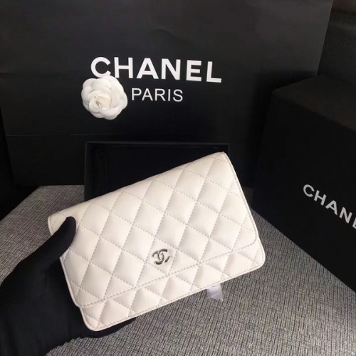 Geantă Chanel WOC Flap White Original Sheepskin Leather 33814 Silver