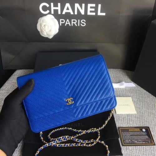 Geantă de umăr Chanel WOC Flap din piele albastră de vițel A33814 aurie