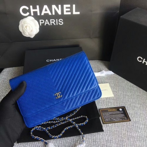 Geantă de umăr Chanel WOC Flap din piele albastră de vițel A33814 argintie