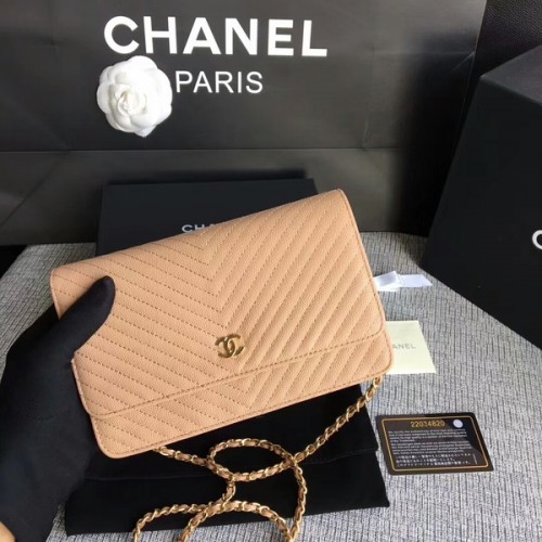Geantă de umăr Chanel WOC Flap, piele de vițel, camel, A33814, auriu