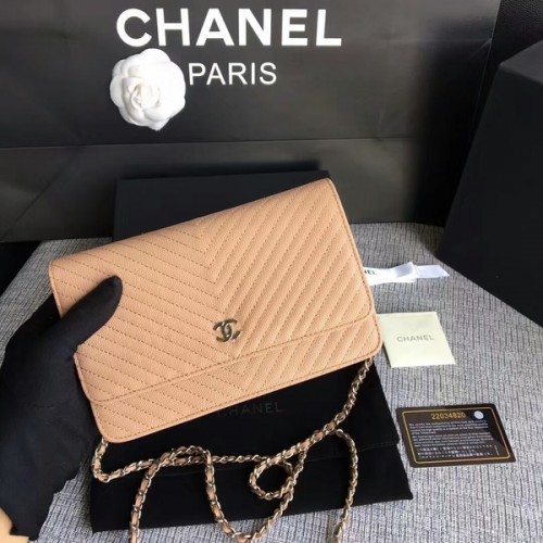 Geantă de umăr Chanel WOC Flap, piele de vițel, camel, A33814, argintiu
