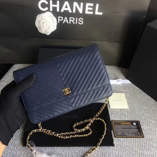 Geantă de umăr Chanel WOC Flap, piele de vițel albastră închisă A33814 aurie