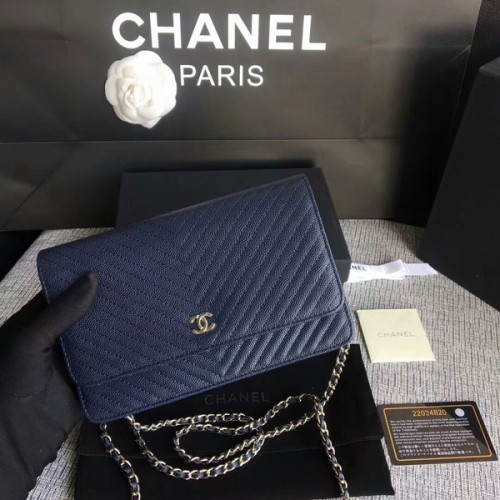 Geantă de umăr Chanel WOC Flap, piele de vițel albastră închisă A33814 argintie