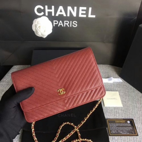 Geantă de umăr Chanel WOC Flap, piele de vițel roșie închisă A33814 aurie