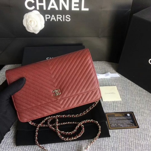 Geantă de umăr Chanel WOC Flap, piele de vițel roșie închisă A33814 argintie