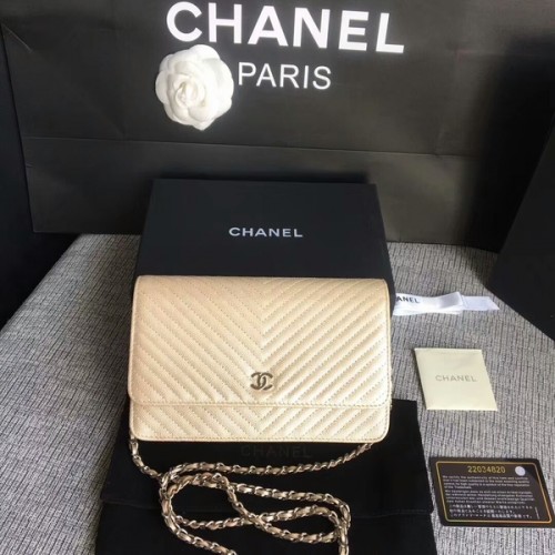 Geantă de umăr Chanel WOC Flap din piele de vițel aurie A33814 argintie